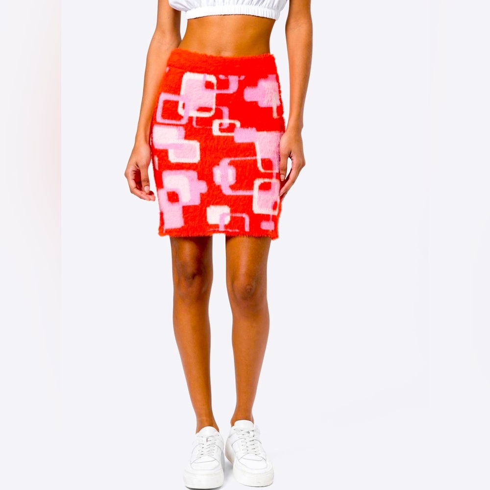 NWT Vintage Supply Fuzzy Red Pink Abstract Mod Print Knit Skirt Retro Size 6